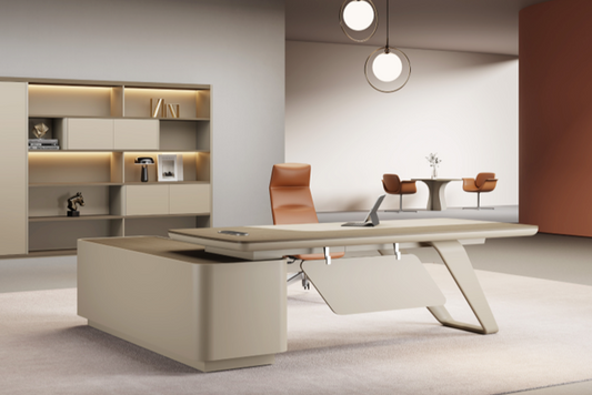 Modern Beige Colour Office Desk with a leather chair
